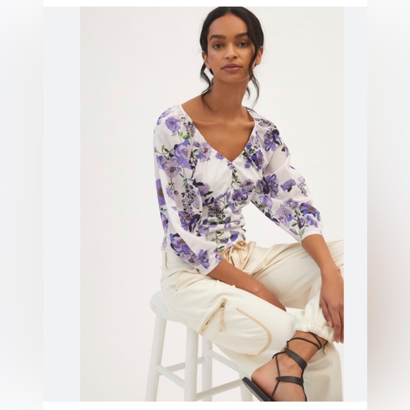 Anthropologie V Neck Ruched Knit Top Floral Romantic White Purple - Picture 2 of 7